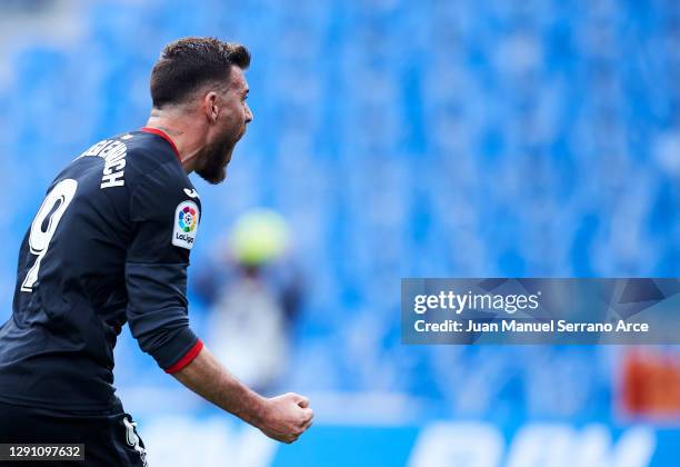 Sergi Enrich of SD Eibar celebrates after scoring goal during the La Liga Santander match between Real Sociedad and SD Eibar at Estadio Anoeta on...