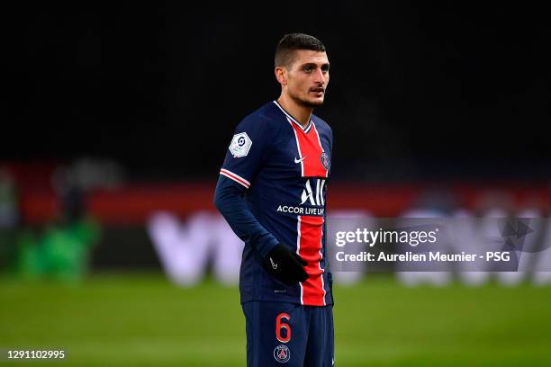 Marco Verratti of Paris Saint-Germain looks on during the Ligue 1 match between Paris Saint-Germain and Olympique Lyon at Parc des Princes on...