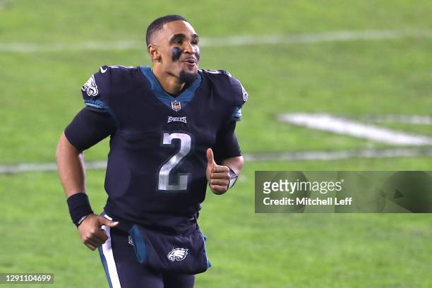 Quarterback Jalen Hurts of the Philadelphia Eagles runs off the field following the Eagles win over the New Orleans Saints at Lincoln Financial Field...