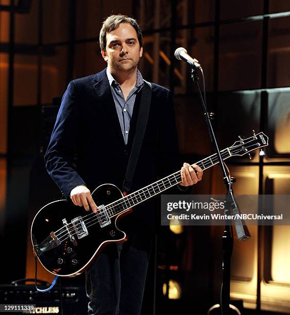 Musician Adam Schlesinger of Fountains of Wayne performs on the Tonight Show With Jay Leno at NBC Studios on October 12, 2011 in Burbank, California.