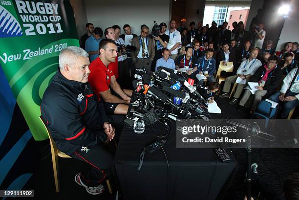 Warren Gatland, the Wales head coach and his captain Sam Warburton face the media during a Wales IRB Rugby World Cup 2011 team announcement at the...