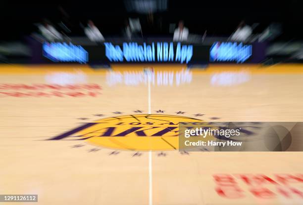 Los Angeles Lakers center court logo during a preseason game between the Los Angeles Lakers and the LA Clippers at Staples Center on December 13,...