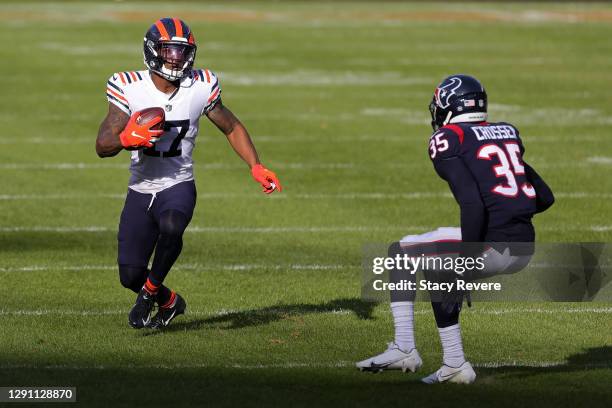 Anthony Miller of the Chicago Bears is defended by Keion Crossen of the Houston Texans during a game at Soldier Field on December 13, 2020 in...