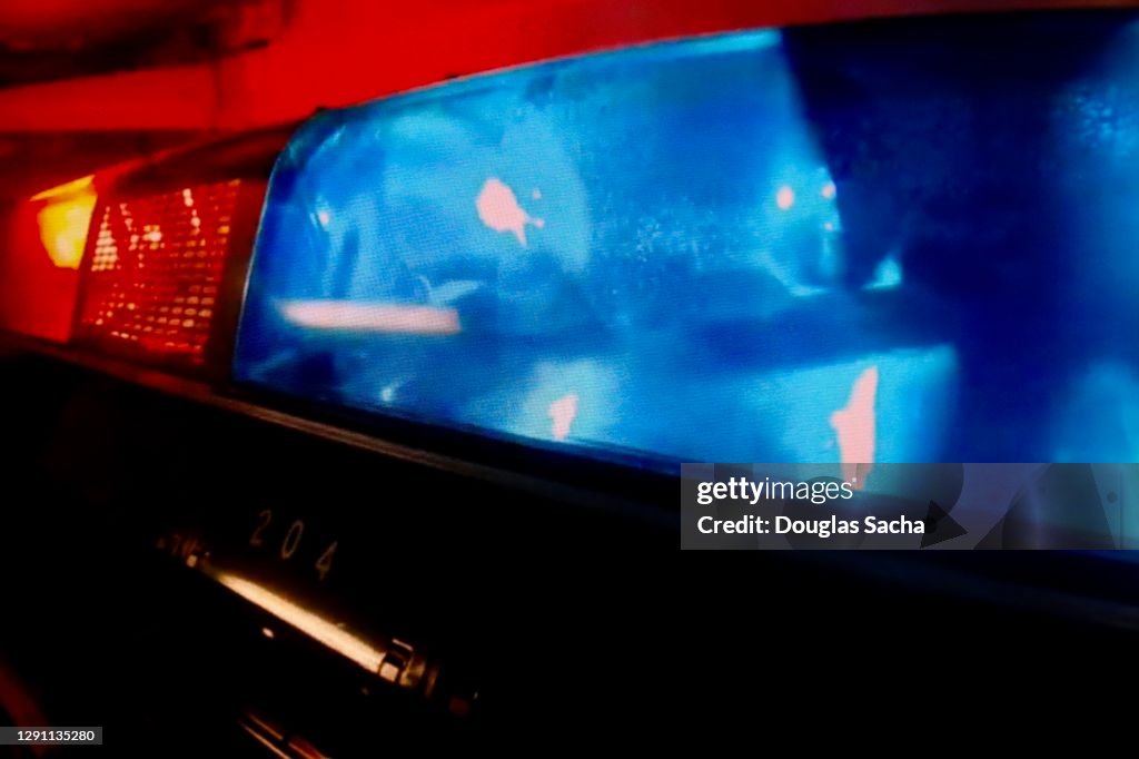 Closeup view of police car LED lights