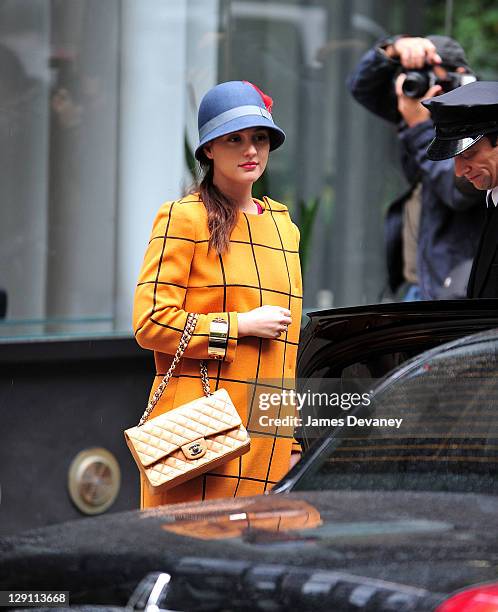 Leighton Meester is photographed on location for "Gossip Girl" on October 12, 2011 in New York City.