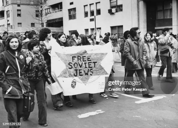Section of New York's Jewish community carrying a banner reading 'Free Soviet Jews' during the Solidarity Sunday for Soviet Jewry demonstration in...