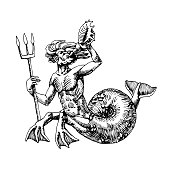 Triton, an ancient Greek God of the deep sea with a Trident, for diving logo or emblem, engraving, sketch