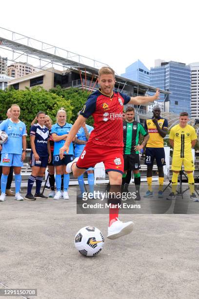 Stefan Mauk of Adelaide United kicks a ball during the Fox Sports A League season Launch at Darling Harbour on December 14, 2020 in Sydney, Australia.