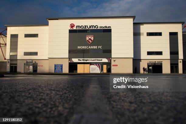 General view of the Front of Morecambe F.C. Ground Mazuma Stadium before the Sky Bet League Two match between Morecambe and Harrogate Town at Globe...