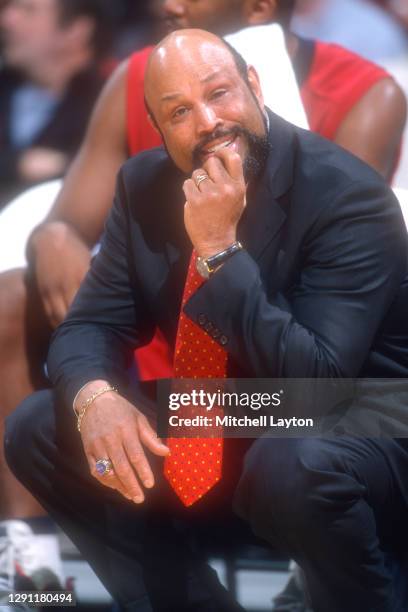 Head coach Mike Jarvis of the St. John's Redman looks on during a college basketball game against the Georgetown Hoyas at the MCI Center on February...