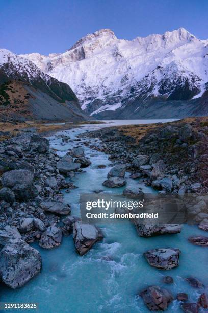 mueller lake and hooker river in new zealand's mt cook national park - mt cook stock pictures, royalty-free photos & images