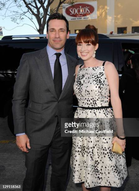 Actors Jon Hamm and Ellie Kemper arrive at the premiere of Universal Pictures' "Bridesmaids" held at Mann Village Theatre on April 28, 2011 in Los...