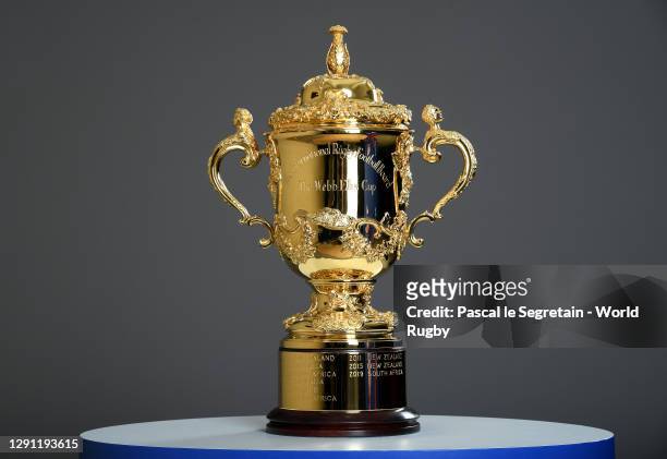 The Webb Ellis Cup is seen inside the venue prior to the Rugby World Cup France 2023 draw at Palais Brongniart on December 14, 2020 in Paris, France