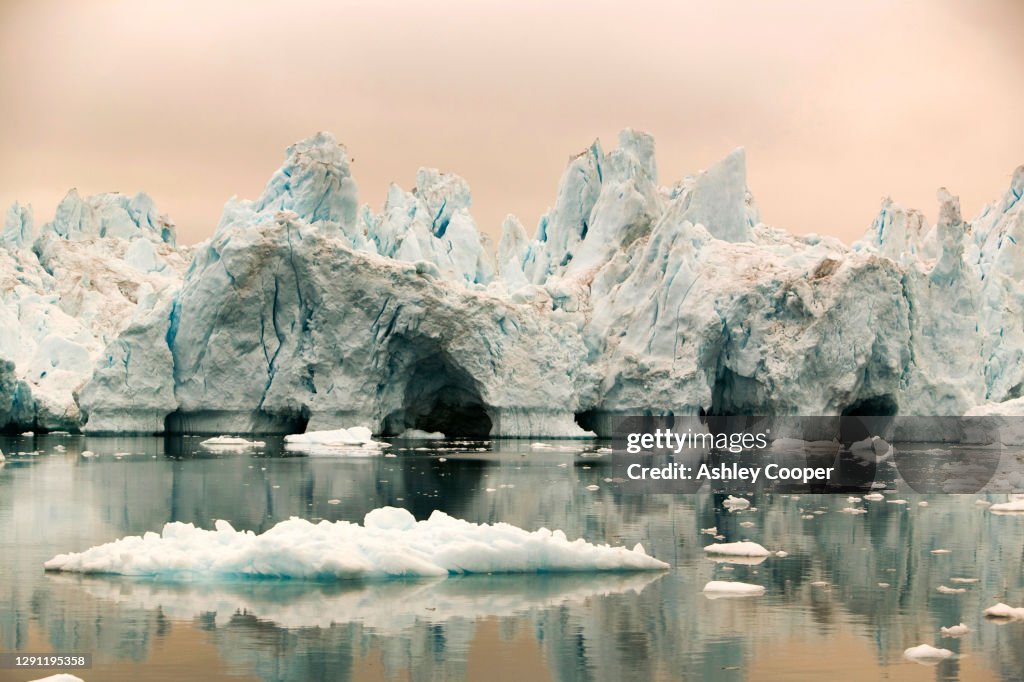 Icebergs from the Jacobshavn glacier or Sermeq Kujalleq which drains 7% of the Greenland ice sheet.