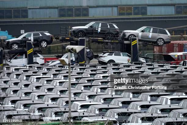 Land Rover motor cars wait for export on the dockside at The Port of Liverpool on December 10, 2020 in Liverpool, United Kingdom. Carriers are...