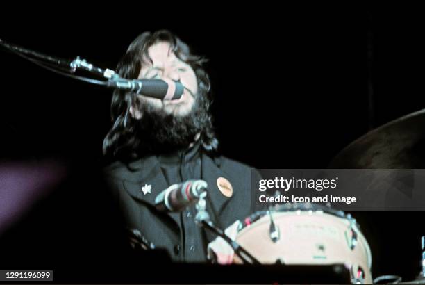 English musician, singer, songwriter and drummer for the Beatles, Ringo Starr performs at George Harrison's Concert For Bangladesh on August 1 at...