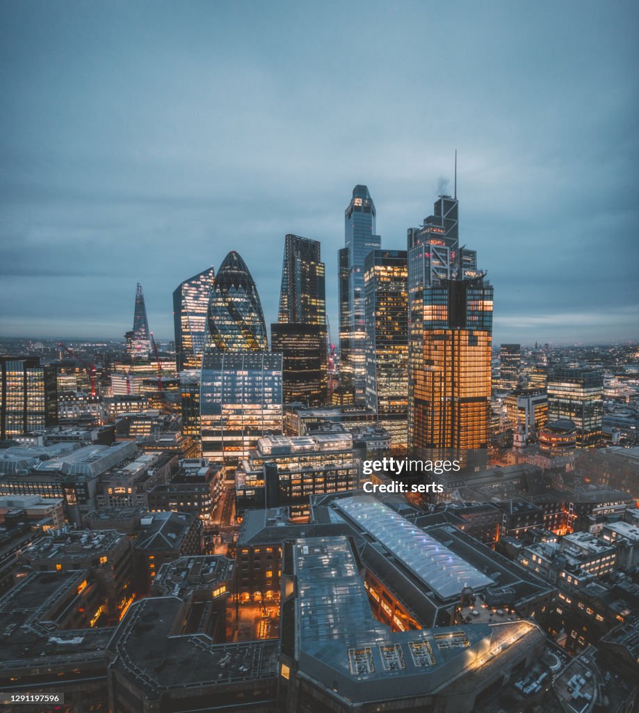 City of London Skyline på natten, Storbritannien