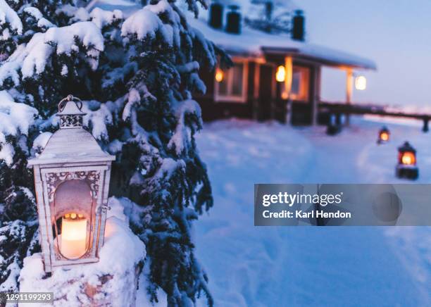a night-time view of snow covered fir trees with candle lit lanterns leading the way to a dwelling  - stock photo - christmas finland stock pictures, royalty-free photos & images