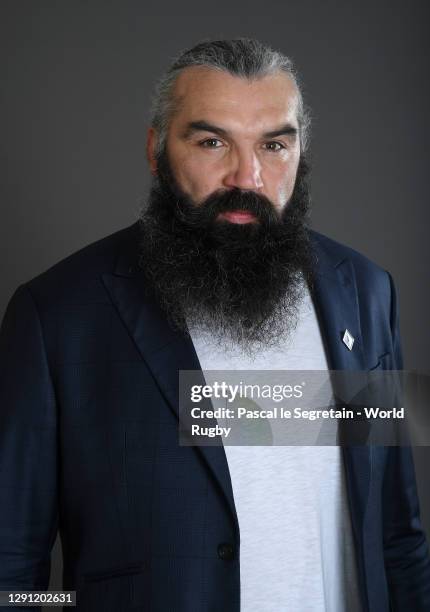 France 2023 ambassador, Sebastien Chabal poses for a photo prior to the Rugby World Cup France 2023 draw at Palais Brongniart on December 14, 2020 in...