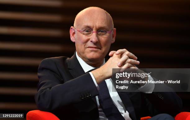 Vice-Chairman of World Rugby Bernard Laporte speaks on stage during the Rugby World Cup France 2023 draw at Palais Brongniart on December 14, 2020 in...