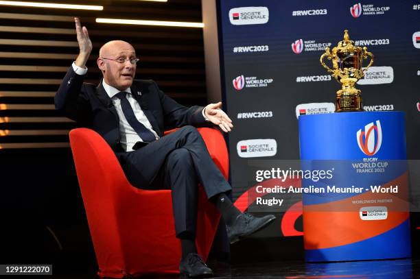 Vice-Chairman of World Rugby Bernard Laporte speaks on stage during the Rugby World Cup France 2023 draw at Palais Brongniart on December 14, 2020 in...