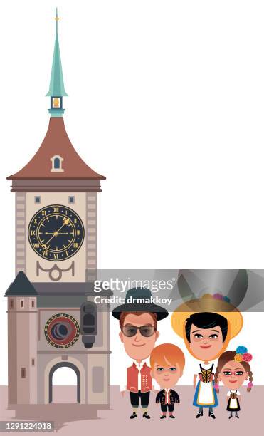 zytglogge clock tower and swiss family - bern clock tower stock illustrations