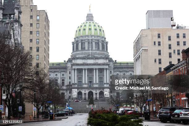 The Pennsylvania State Capitol is seen on December 14, 2020 in Harrisburg, Pennsylvania. Electors in Pennsylvania will meet today to certify the 2020...
