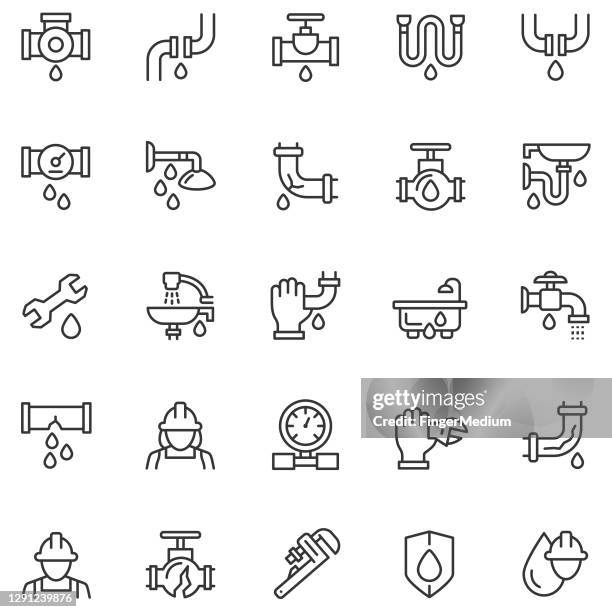 ilustraciones, imágenes clip art, dibujos animados e iconos de stock de conjunto de iconos de fuga de agua - plumber