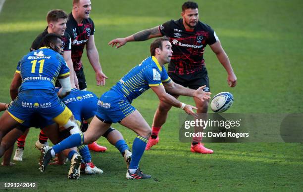 Morgan Parra of Clermont Auvergne passes the ball during the Heineken Champions Cup Pool 2 match between Bristol Bears and ASM Clermont Auvergne at...