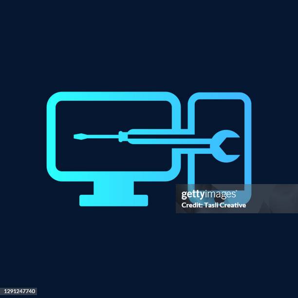 digital computer and phone repair service logo - computer repair stock illustrations