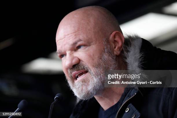 Philippe Etchebest, chef, speaks during as restaurant and event workers protest against restrictions during the coronavirus pandemic lockdowns on...