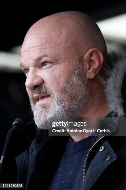 Philippe Etchebest, chef, speaks during as restaurant and event workers protest against restrictions during the coronavirus pandemic lockdowns on...