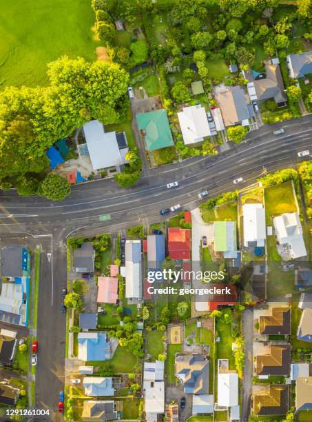 aerial view of town in summer - housing development road stock pictures, royalty-free photos & images