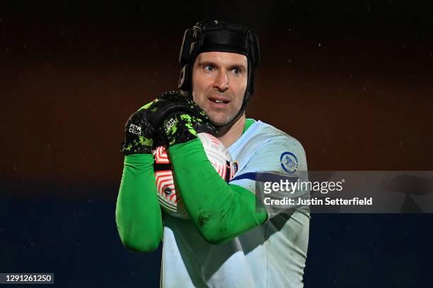Petr Cech of Chelsea warms up ahead of the Premier League 2 match between Chelsea and Tottenham Hotspur at Kingsmeadow on December 14, 2020 in...