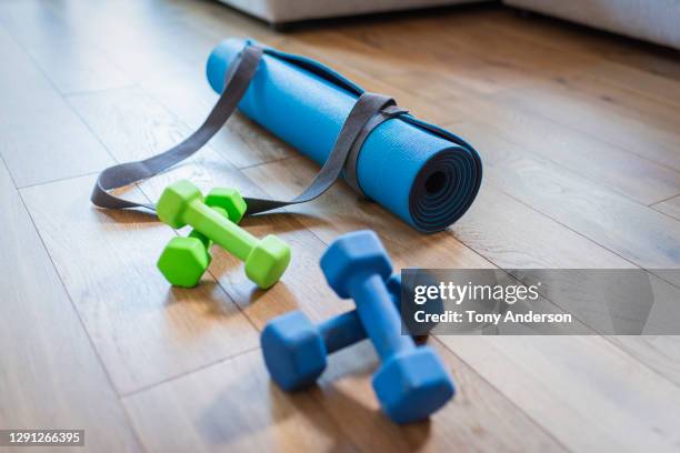 dumbells and yoga mat on wood floor - exercise equipment fotografías e imágenes de stock