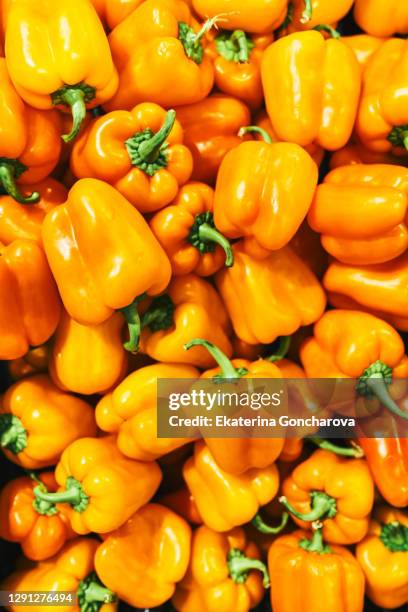 delicious orange bell peppers. the winter farm market is full of organic vegetables. can be used as a background. orange pepper background for design. the group peppers - gelbe paprika stock-fotos und bilder