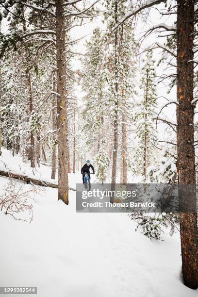 Female cyclist riding fat tire bike through snow covered forest