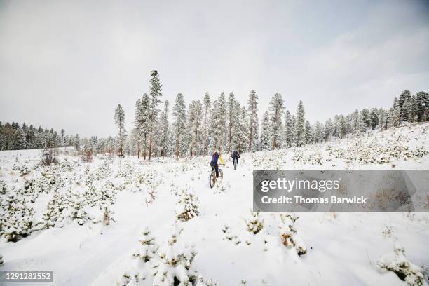 Female cyclist leading friend on winter fat tire bike ride in snow