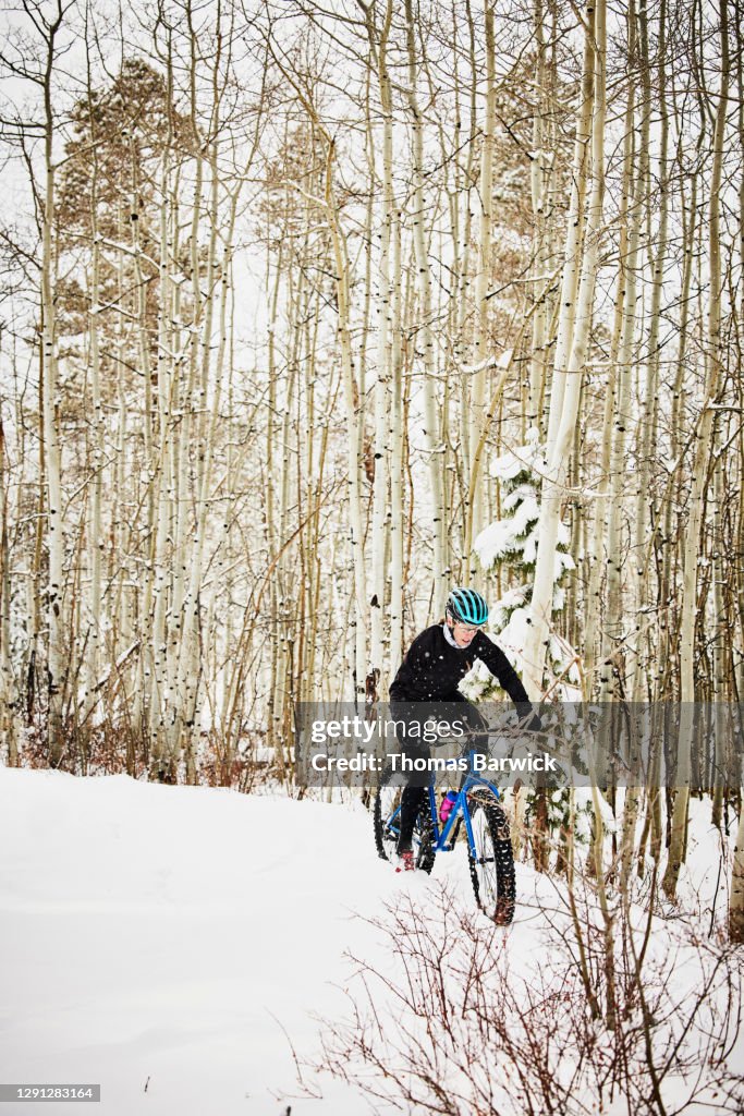 Female cyclist riding fat tire bike in snow covered aspen forest