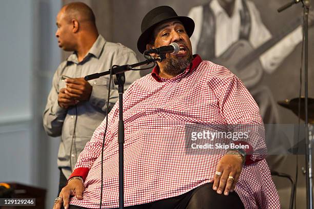 New Orleans musician Alton 'Big Al' Carson of Big Al Carson Blues Band performs during day 5 of the 2011 New Orleans Jazz & Heritage Festival at the...