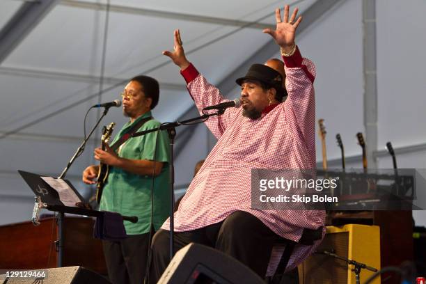 New Orleans musician Alton 'Big Al' Carson of Big Al Carson Blues Band performs during day 5 of the 2011 New Orleans Jazz & Heritage Festival at the...