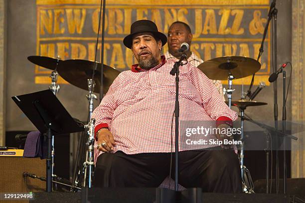 New Orleans musician Alton 'Big Al' Carson of Big Al Carson Blues Band performs during day 5 of the 2011 New Orleans Jazz & Heritage Festival at the...