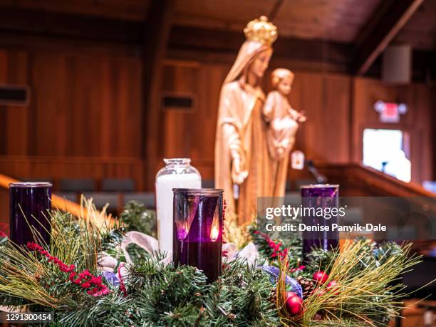 close-up of advent candles and wreath - catholic church christmas stock pictures, royalty-free photos & images