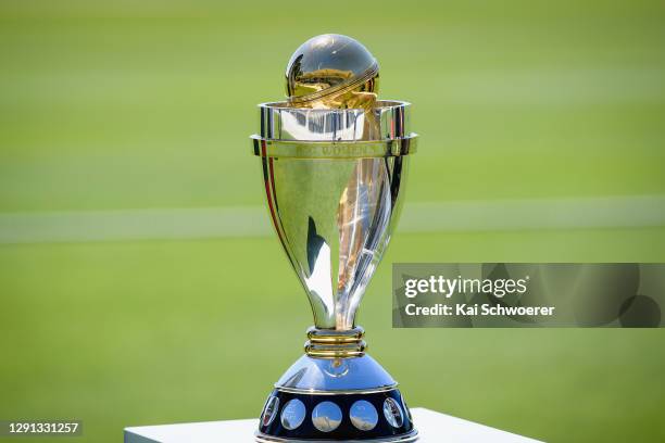 The Women's World Cup trophy is seen during the ICC Women's Cricket World Cup 2022 match schedule announcement at Hagley Oval on December 15, 2020 in...