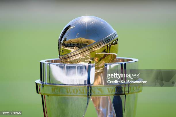 The Women's World Cup trophy is seen during the ICC Women's Cricket World Cup 2022 match schedule announcement at Hagley Oval on December 15, 2020 in...