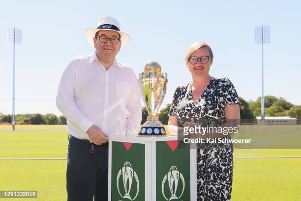 Deputy Prime Minister Grant Robertson and ICC Women’s Cricket World Cup CEO Andrea Nelson pose with the Women's World Cup trophy during the ICC...