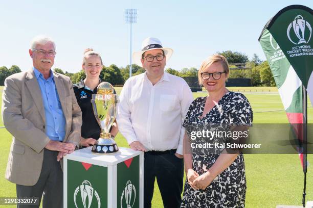 Sir Richard Hadlee, New Zealand White Ferns player Amy Satterthwaite, Deputy Prime Minister Grant Robertson and ICC Women’s Cricket World Cup CEO...