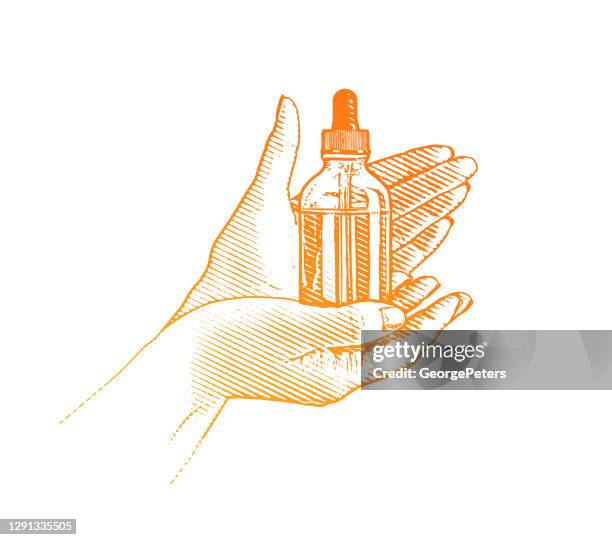 ilustraciones, imágenes clip art, dibujos animados e iconos de stock de manos sosteniendo la botella de aceite cbd y pipeta - aceites esenciales