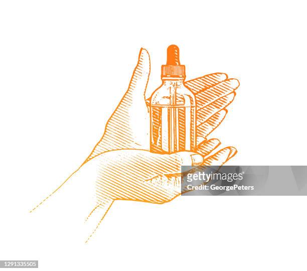 illustrazioni stock, clip art, cartoni animati e icone di tendenza di mani che tengono bottiglia di olio di cbd e pipetta - olio ed essenze