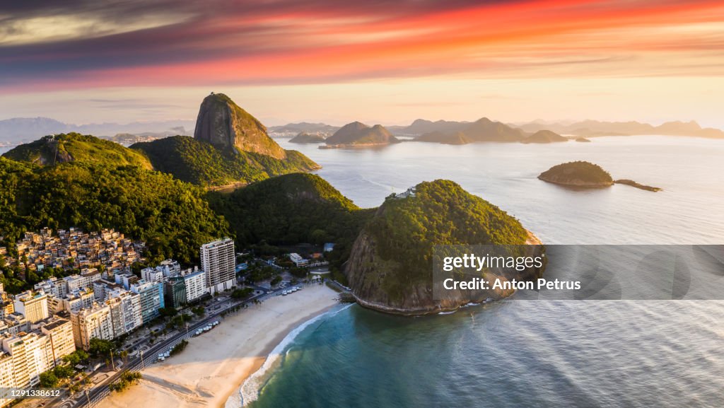 Rio de Janeiro at sunrise, Brazil. Copacabana beach at dawn, aerial view.